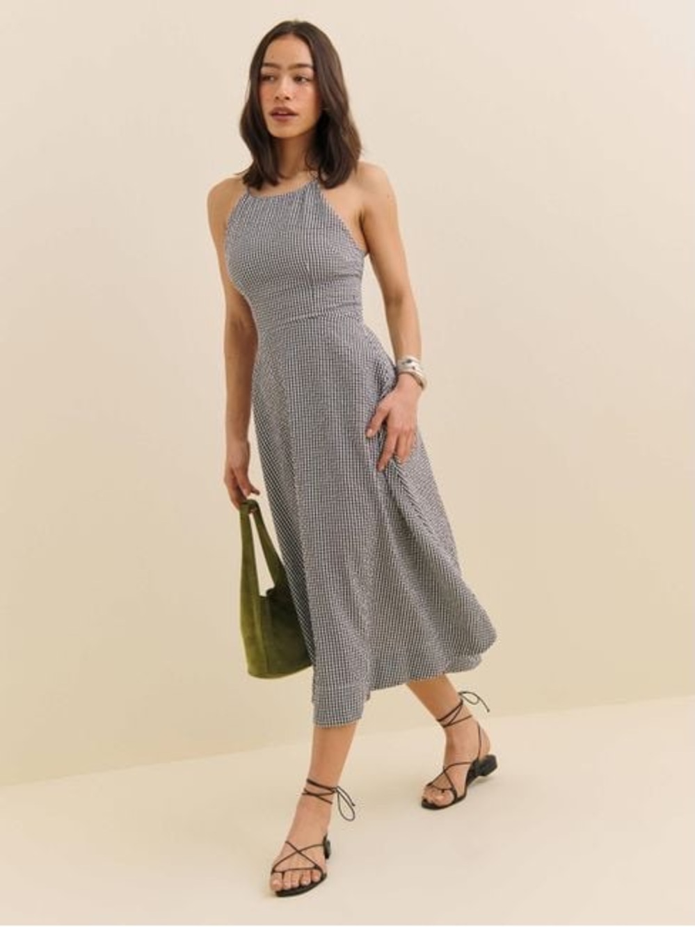 Reformation Women's Sz 12 Gingham Lace-Up Back Midi Dress Chic Retro Cottagecore